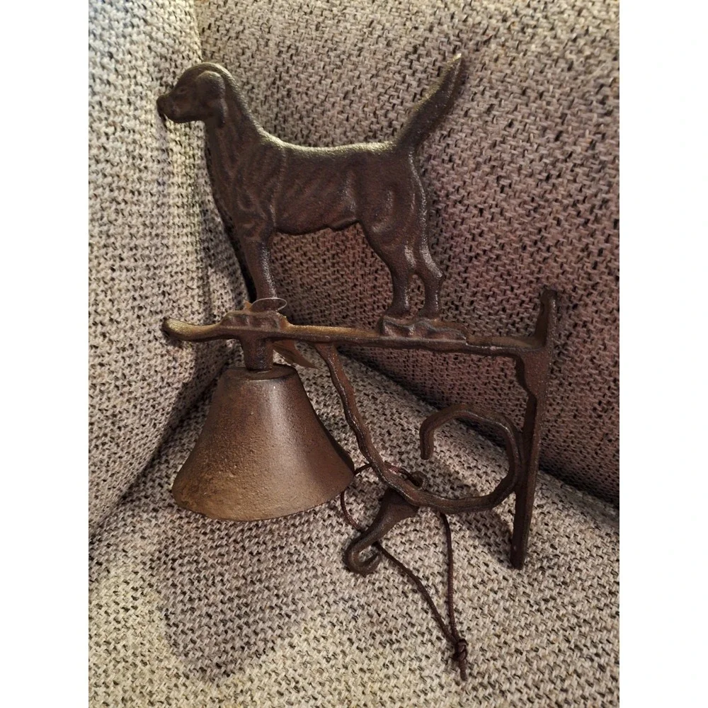 Dog Scroll Dinner Bell Cast Iron Wall Mounted Rustic Antique Brown Finish